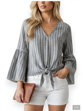 lavender field Gray Striped Tie-Front V-Neck Blouse
